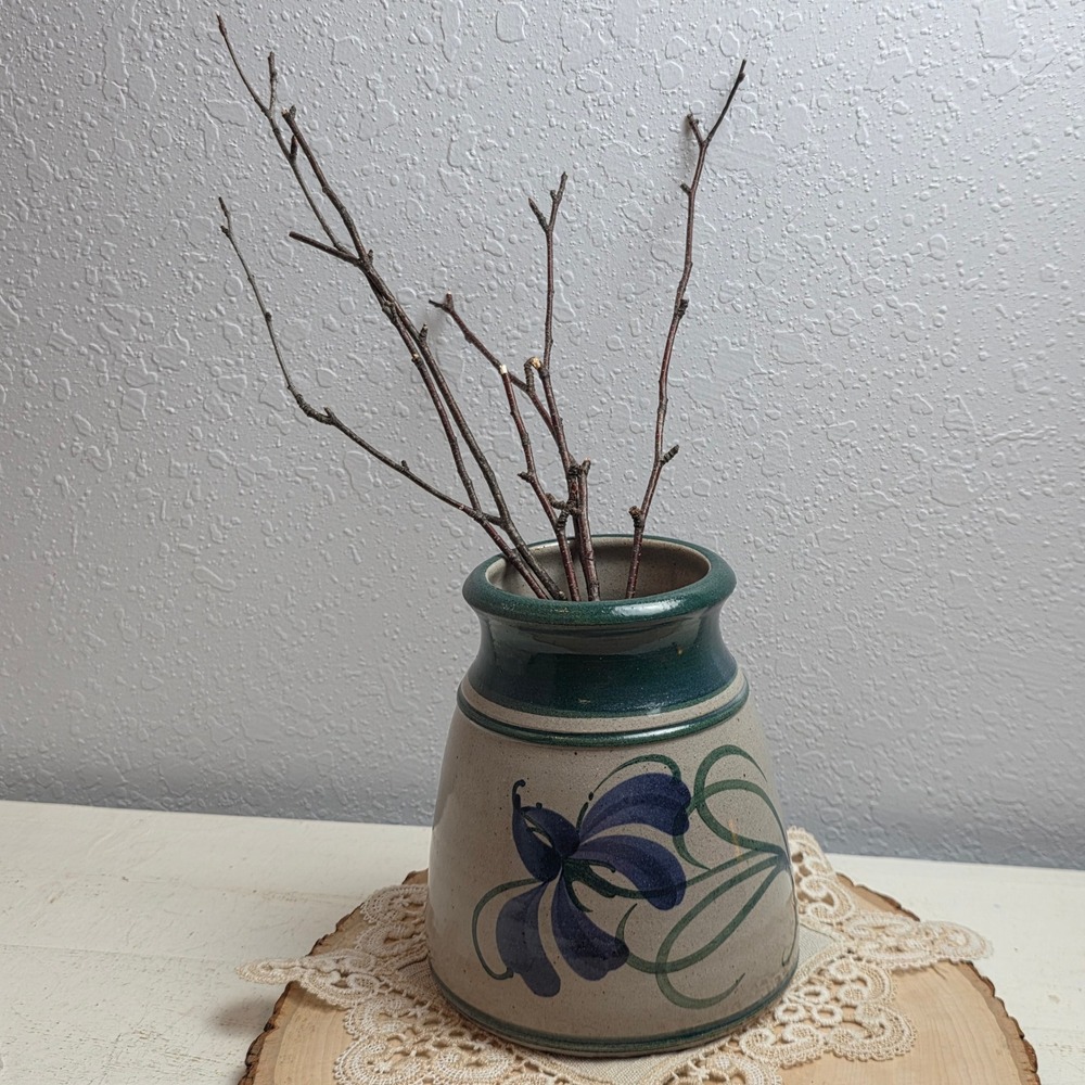 Vintage Westerwald Pottery 6" Stoneware Crock Teal‎ Navy Floral Signed